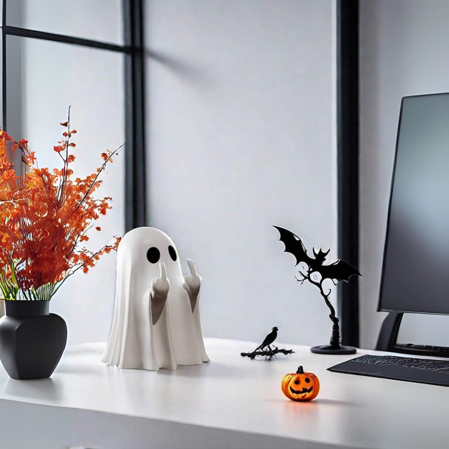 1Pc Halloween Ghost Statue Funny Middle Finger Resin Ghost Statue Hallowen Decor